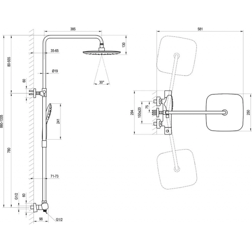 Душевая система RAVAK 10° TD F 091.20/150 X070160 с термостатом черная матовая